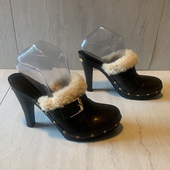 Michael Kors Studded Black Leather 70's theme High Closed Toe Clogs Mules Size 9 - Picture 3 of 12
